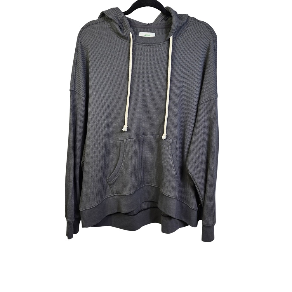 Aerie Waffle Knit Hoodie Womens Medium Charcoal Grey Oversized Long Sleeve